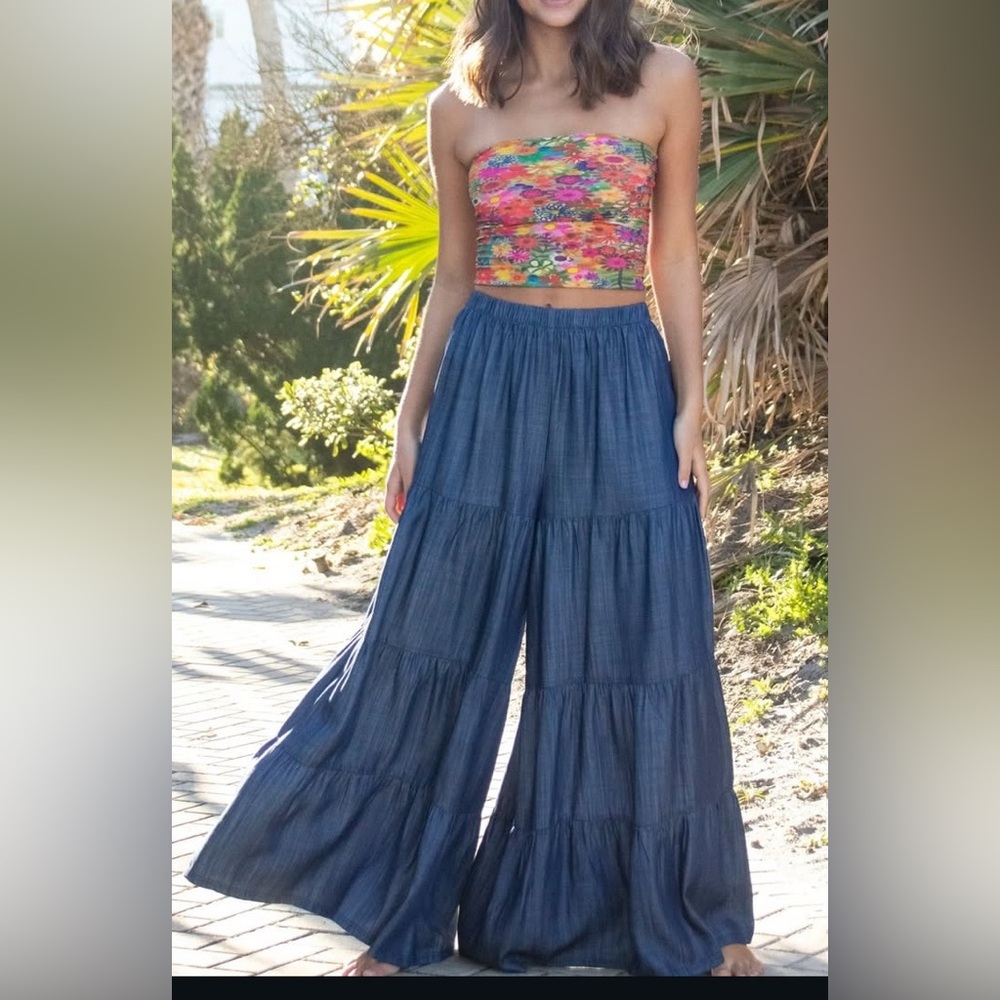 NATURAL LIFE Blue Wide Leg Tiered Pants